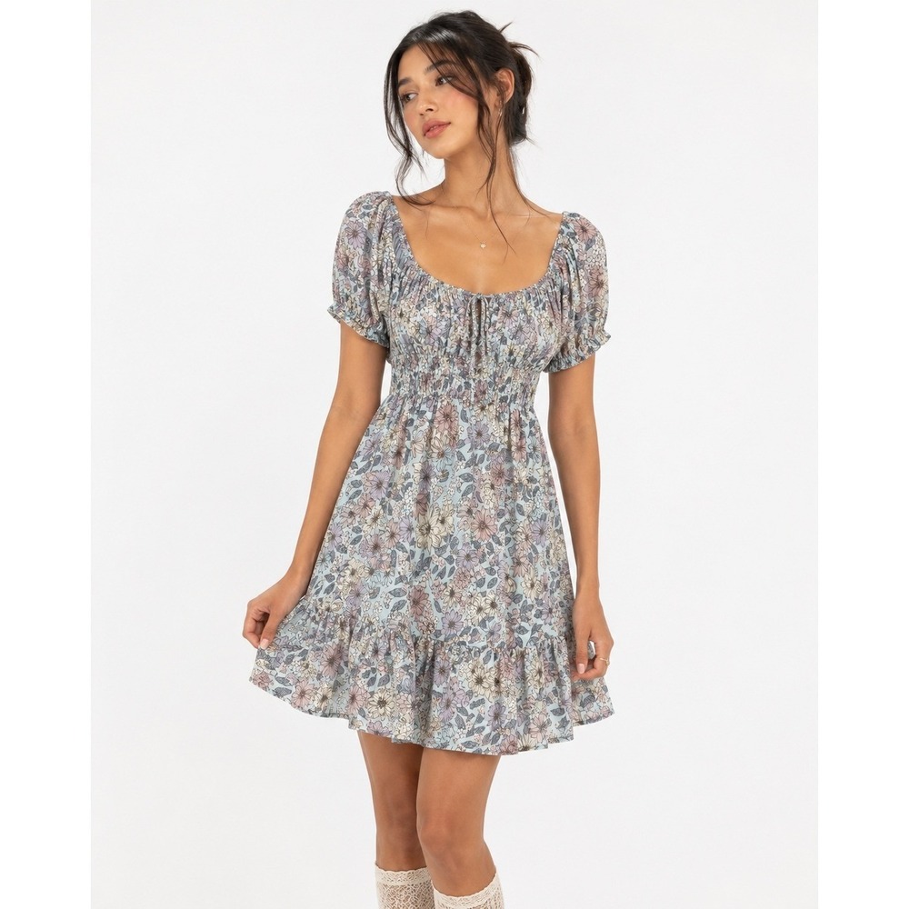 Big Water Blue Sky Floral Mini Dress Blue Cottagecore Smocked Ruffle Size M